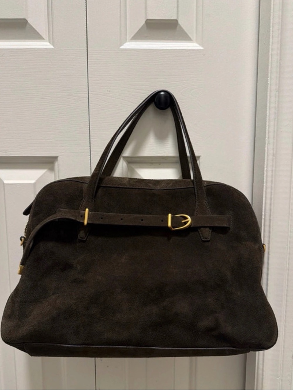 Classic Dark Brown Suede Top-Handle Tote Bag